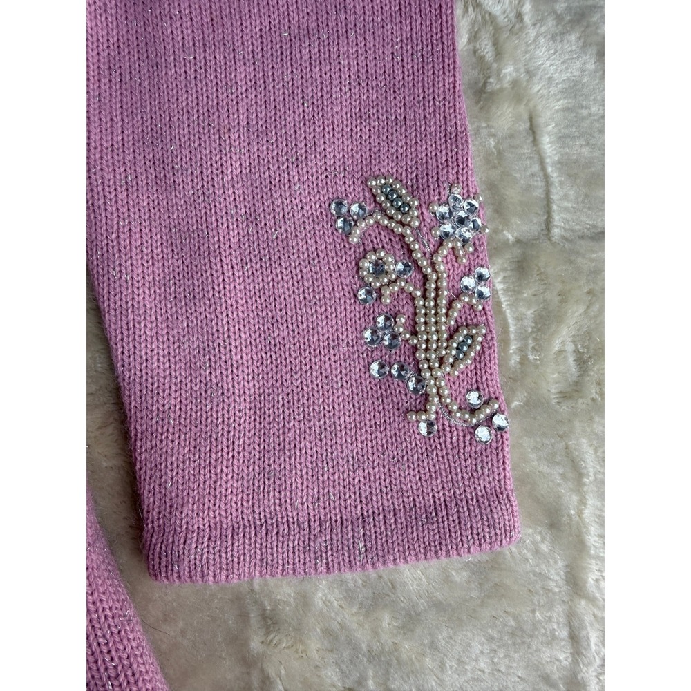 Nordstrom Pink Beaded Floral Cardigan Sweater Metallic Shimmer Rhinestone Large - Picture 9 of 17